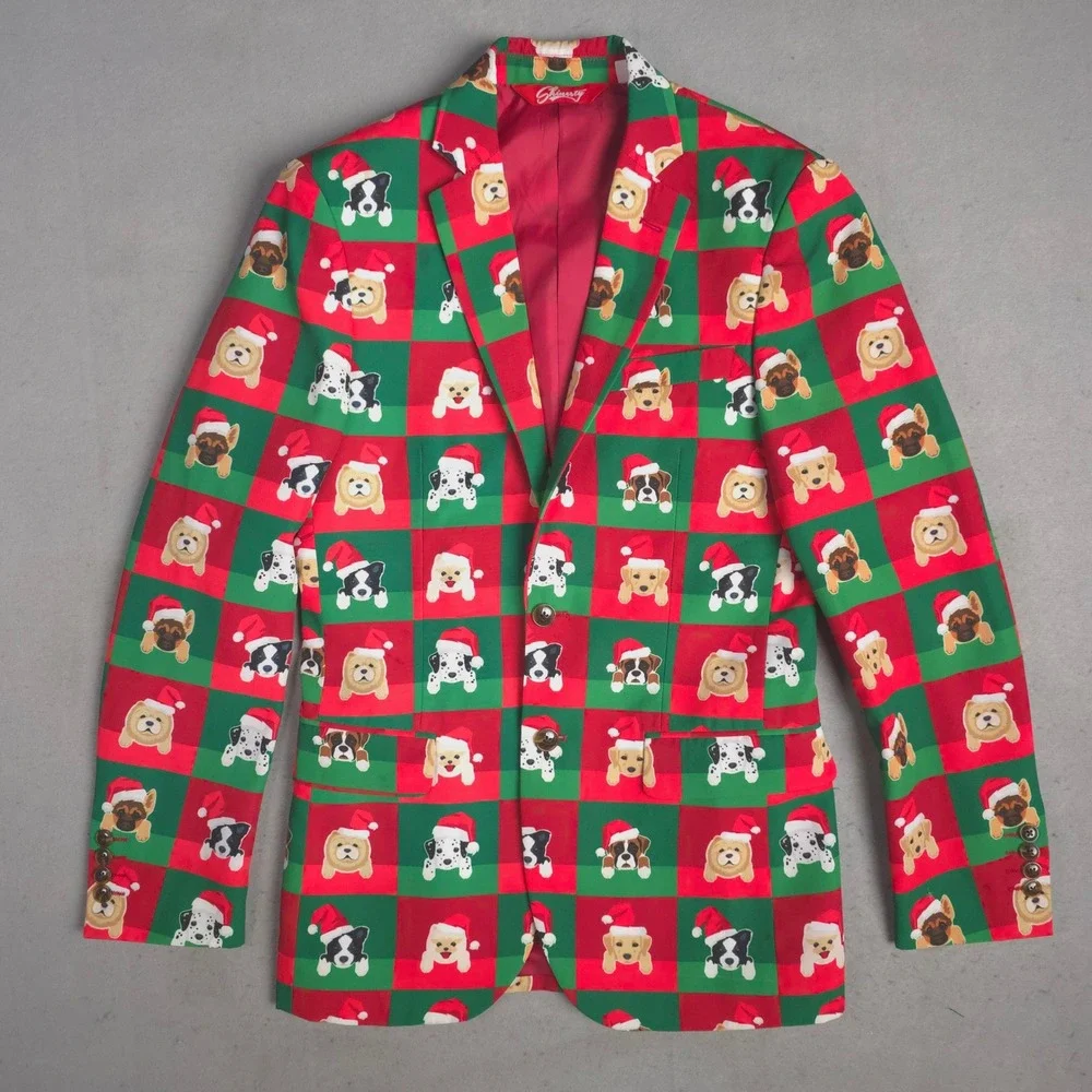 Shinesty Mens Holiday Dog Blazer Red Green Christmas Santa Hat Jacket Size 36‎